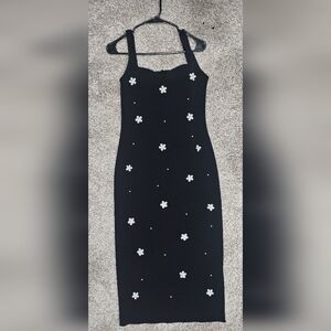 Zara Black Midi Dress with White Floral Embellishments